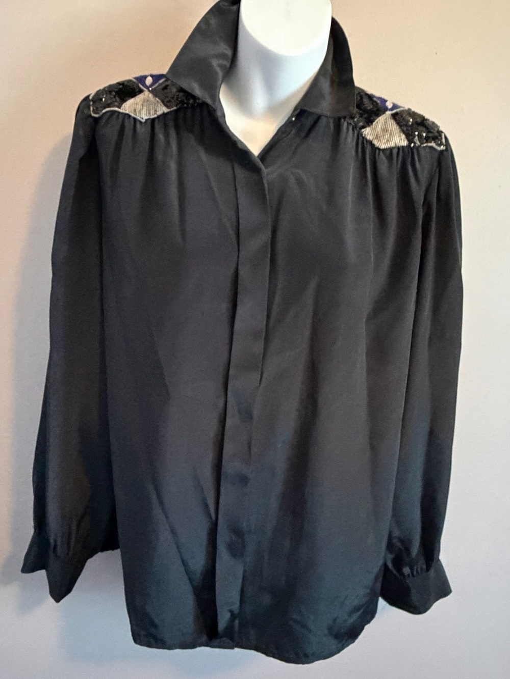 Elite International Vintage 80s Beaded Shoulder Blouse Black Size 8